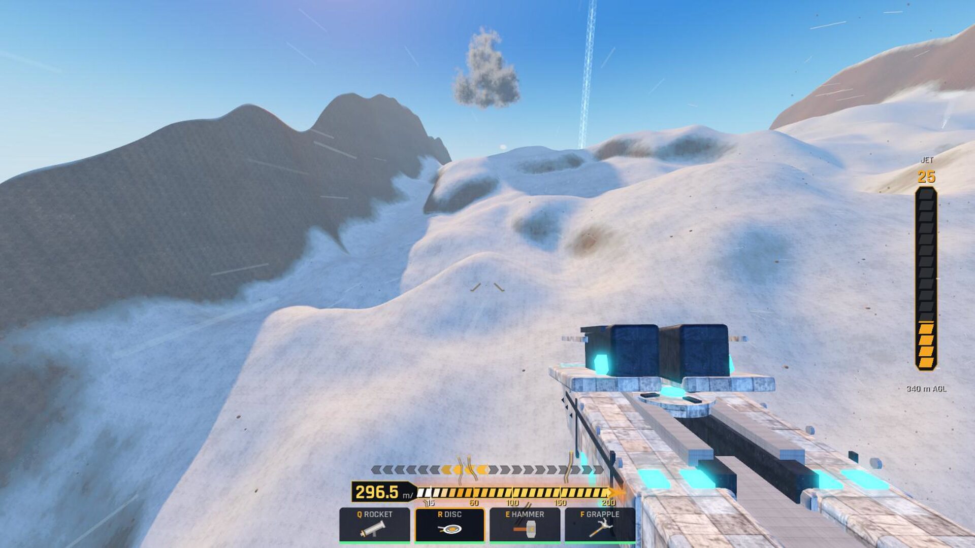 A first-person run launching over a snowy mountain at extreme speed