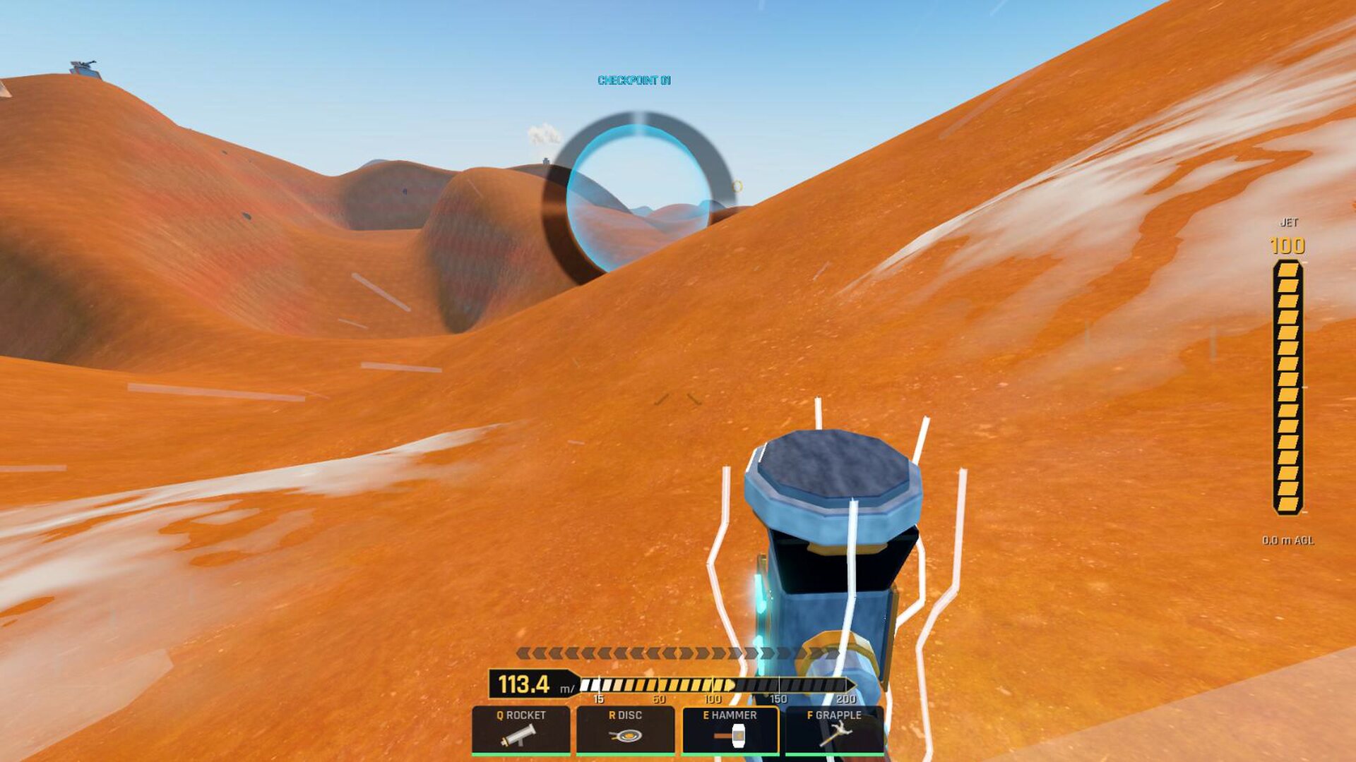 A hammer-equipped rider approaching a checkpoint across red-rock terrain