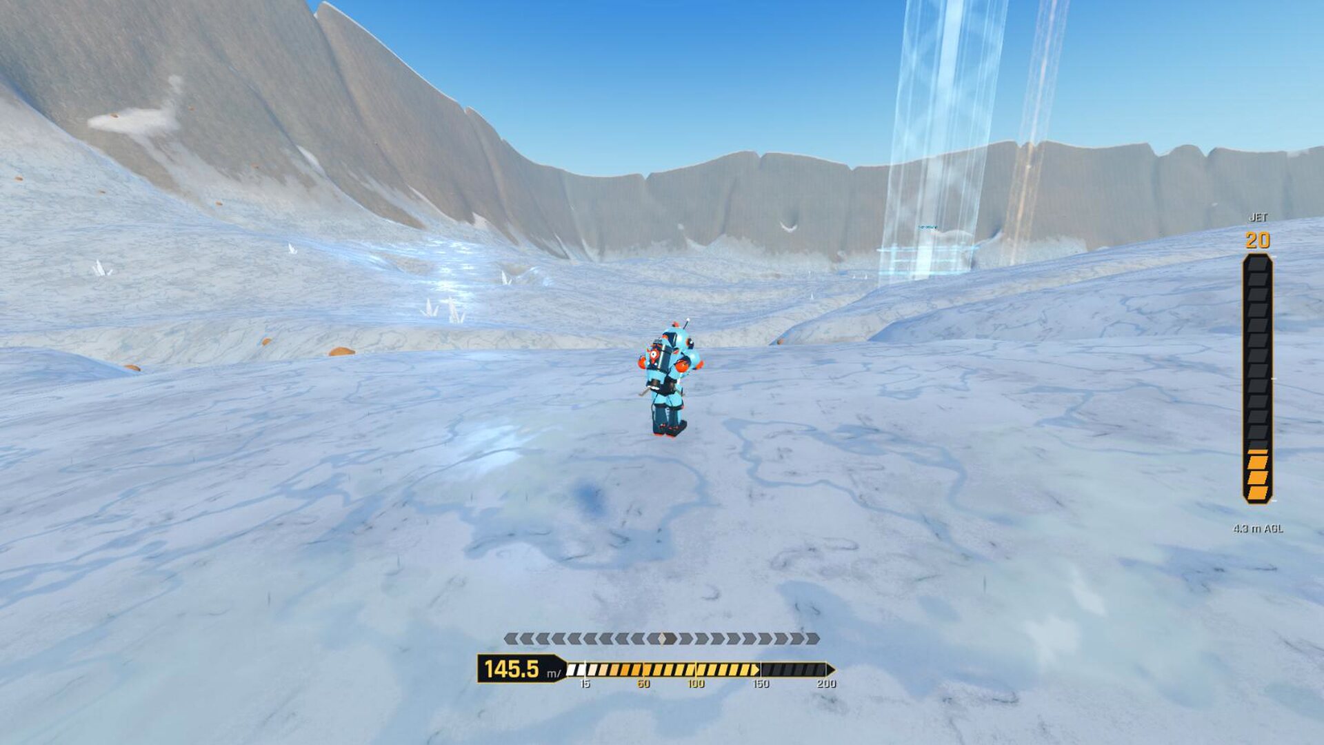 A rider skiing across a glacier toward the next checkpoint