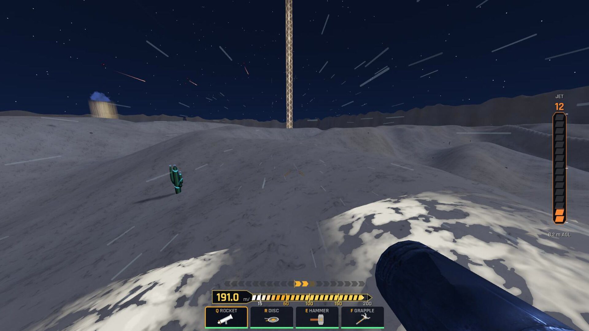 A moonlit first-person rocket run beneath a starry sky