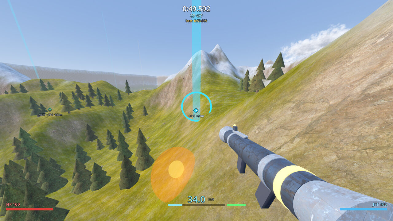 A player rocket-jumping from a snowy mountain crest